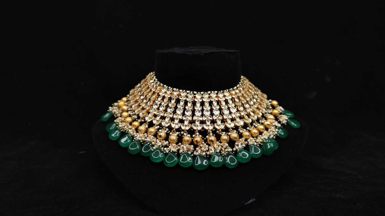 Opulent Pachi Bridal Necklace Set with Green Drops